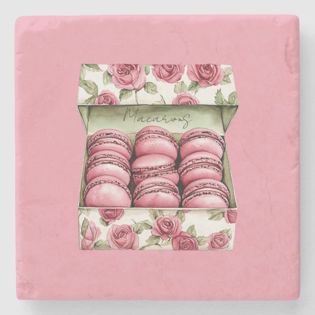 Hübsche rosa Rosen Schachtel Macarons Steinuntersetzer (Vorderseite)