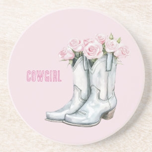 Hübsche rosa Rosen silberne Cowgirl-Stiefel Getränkeuntersetzer
