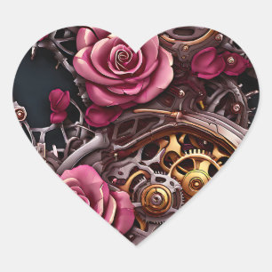 Hübsche rosa Rosen und Metallgeere Steampunk Herz-Aufkleber