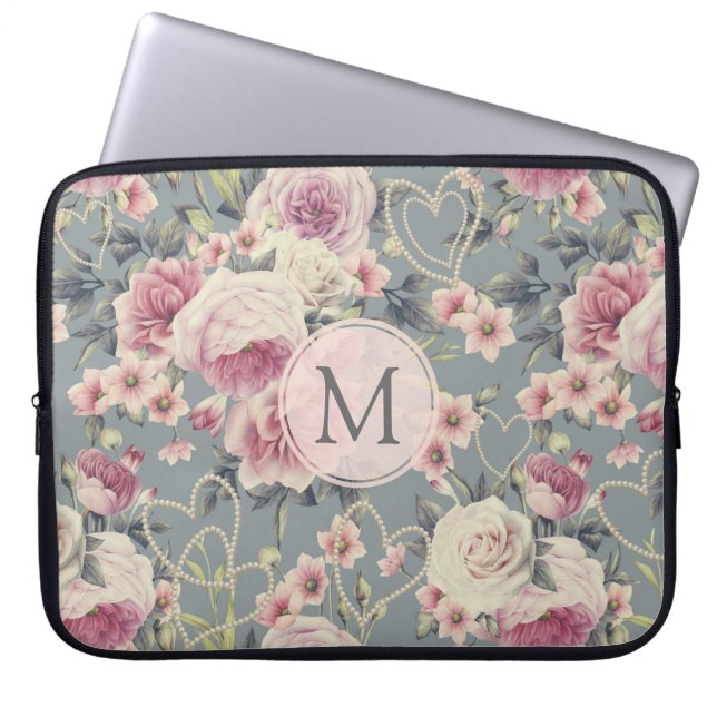 Hübsche rosa Rosen und Perlen-Herzen Monogramm Laptopschutzhülle (Vorderseite)
