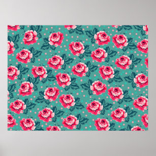 Hübsche rosa Rosen und Polka Dot Pattern auf Aquam Poster