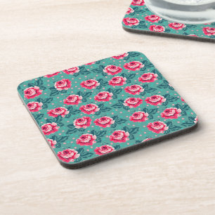 Hübsche rosa Rosen und Punkte-Muster auf Türkis Getränkeuntersetzer