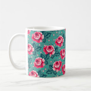 Hübsche rosa Rosen und Punkte-Muster auf Türkis Kaffeetasse