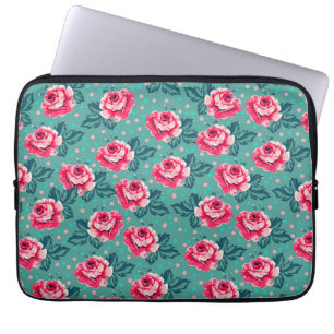 Hübsche rosa Rosen und Punkte-Muster auf Türkis Laptopschutzhülle
