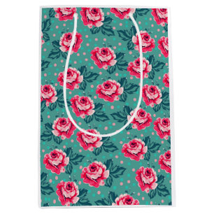 Hübsche rosa Rosen und Punkte-Muster auf Türkis Mittlere Geschenktüte