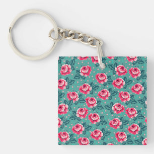 Hübsche rosa Rosen und Punkte-Muster auf Türkis Schlüsselanhänger