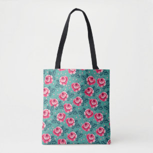 Hübsche rosa Rosen und Punkte-Muster auf Türkis Tasche