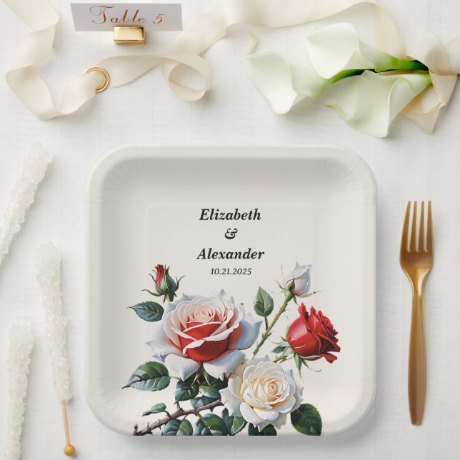 Hübsche Rosa-rote Rosen Blumenhochzeit Pappteller (Hochzeit)