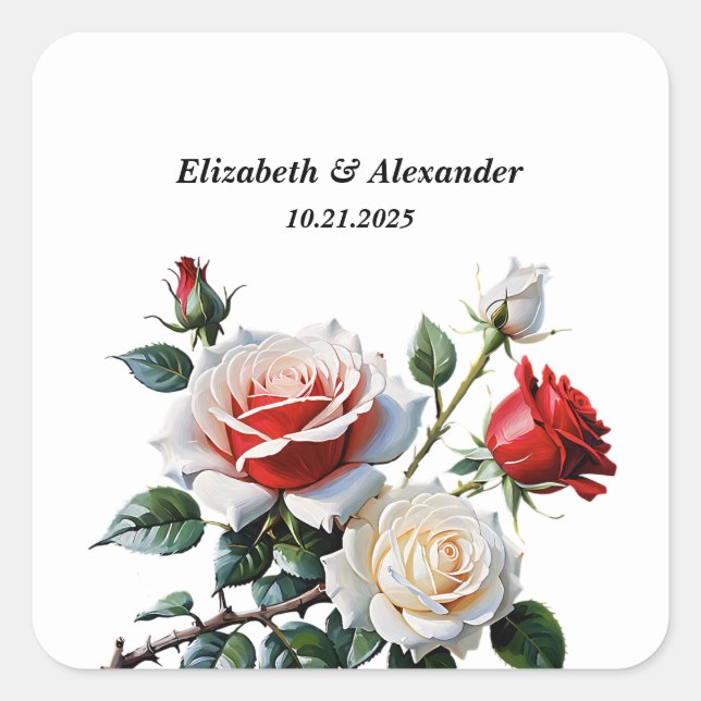 Hübsche Rosa-rote Rosen Blumenhochzeit Quadratischer Aufkleber (Vorderseite)