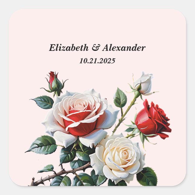 Hübsche Rosa-rote Rosen Blumenhochzeit Quadratischer Aufkleber (Vorderseite)