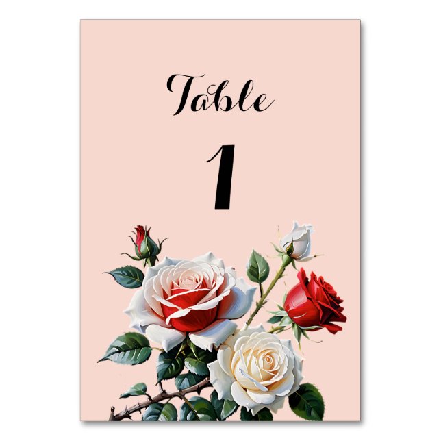 Hübsche Rosa-rote Rosen Blumenhochzeit Tischnummer (Vorderseite)