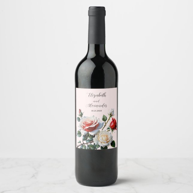 Hübsche Rosa-rote Rosen Blumenhochzeit Weinetikett (Vorderseite)