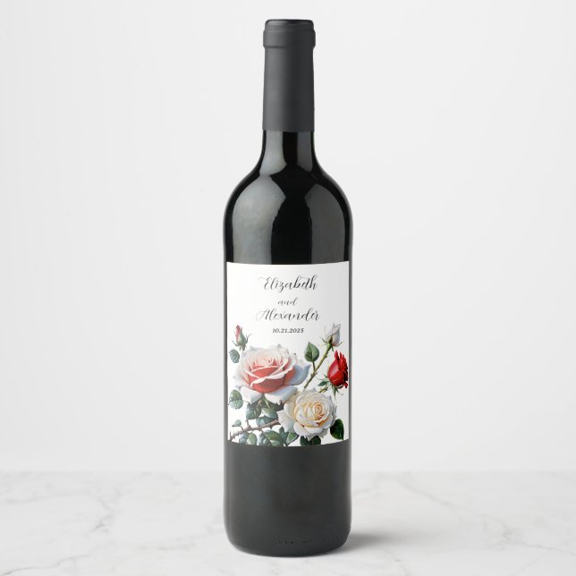 Hübsche Rosa-rote Rosen Blumenhochzeit Weinetikett (Vorderseite)