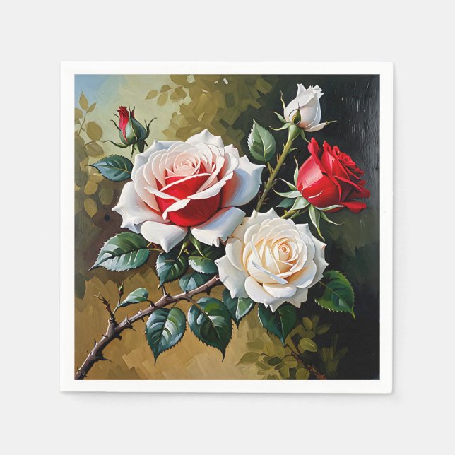 Hübsche Rosa-rote Rosen Ölmalerei Serviette (Vorderseite)