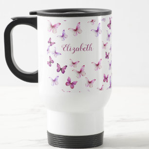 Hübsche rosa Schmetterlinge mit individuellem Name Reisebecher
