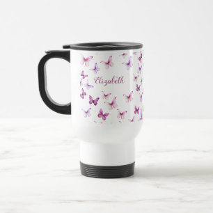 Hübsche rosa Schmetterlinge mit individuellem Name Reisebecher