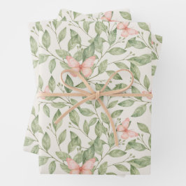 Hübsche rosa Schmetterlinge und grünes Blattwerk Geschenkpapier Set