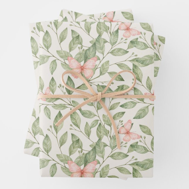 Hübsche rosa Schmetterlinge und grünes Blattwerk Geschenkpapier Set (Beispiel)