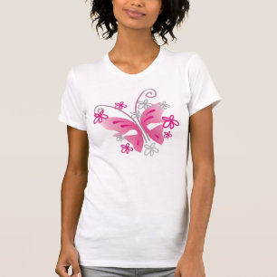 Hübsche rosa Schmetterlings-und Silber-Blumen T-Shirt