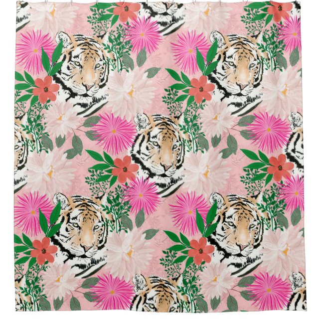 Hübsche Rosa Tiger Blumenbemalung Duschvorhang (Vorderseite)