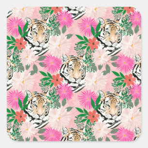 Hübsche Rosa Tiger Blumenbemalung Quadratischer Aufkleber