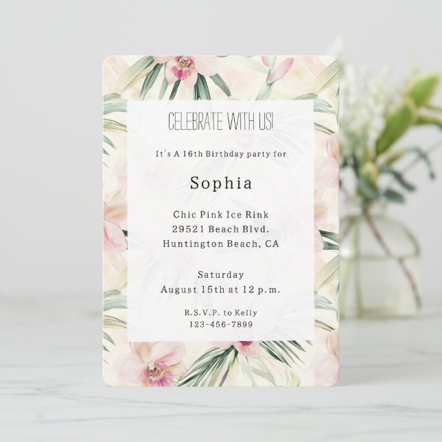 Hübsche rosa tropische Orchideen Blume Geburtstag Einladung (Stehend Vorderseite)