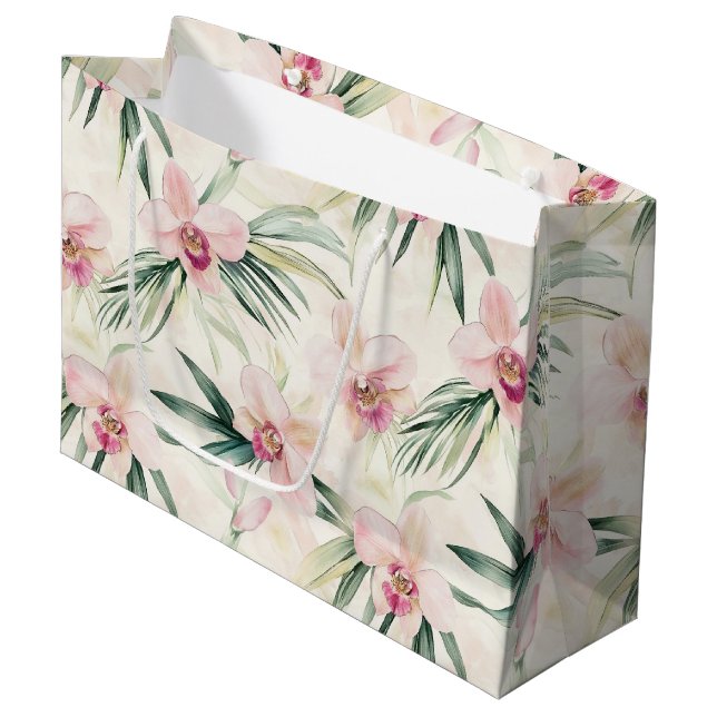 Hübsche Rosa Tropische Orchideen-Blume Hochzeit Große Geschenktüte (Vorderseite Schrägansicht)