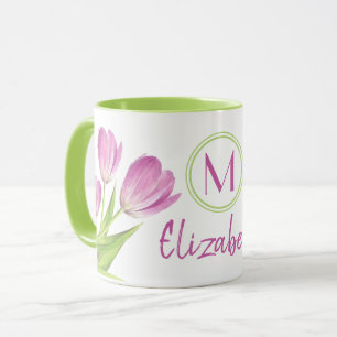 Hübsche Rosa Tulips Frühjahr Elegante Blumenmonogr Tasse