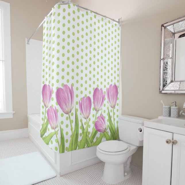 Hübsche Rosa Tulpen und Grüne Punkte Elegante Blum Duschvorhang (Beispiel)