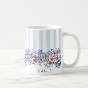 Hübsche rosa und blaue Blumen und Streifen mit Nam Kaffeetasse