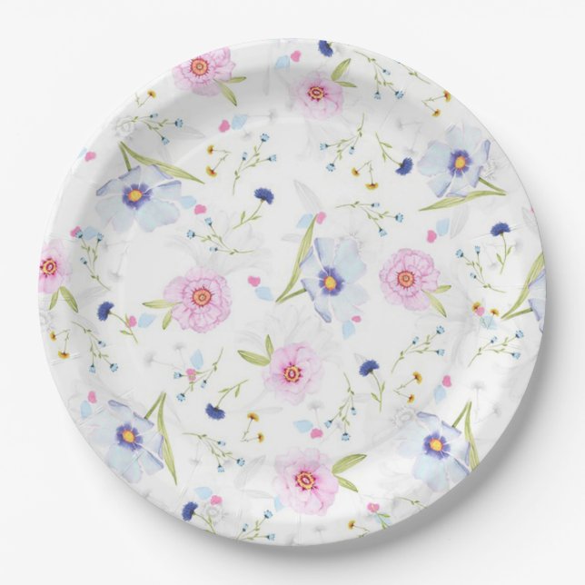 Hübsche rosa und blaue Blumenmuster Papier-Teller Pappteller (Vorderseite)