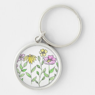 Hübsche rosa und gelbe Wasserfarbenblumen Schlüsselanhänger