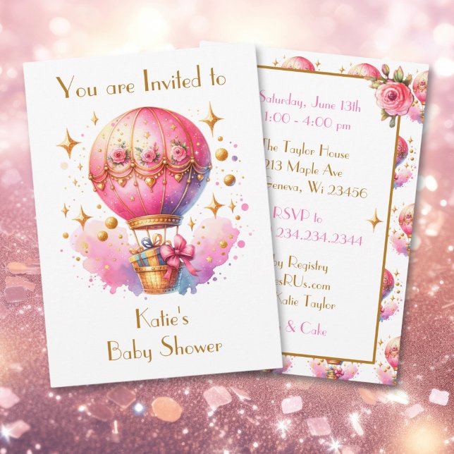 Hübsche Rosa und Gold Hot Air Balloons Babydusche Einladung (Von Creator hochgeladen)