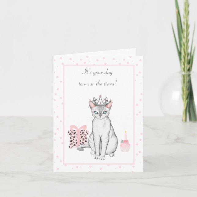 Hübsche rosa und graue Katze in einem Tiara Geburt Karte (Vorderseite)