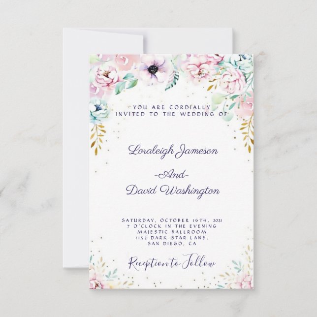Hübsche Rosa und lila Blumen Hochzeit Einladung (Vorderseite)