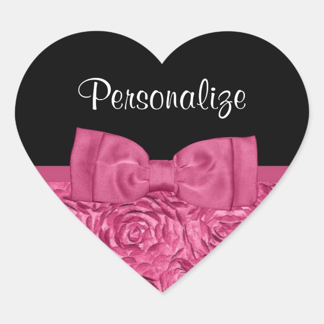 Hübsche Rosa und Schwarze Rose Blumenmotiv Bow Herz-Aufkleber (Vorderseite)