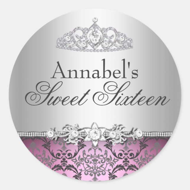 Hübsche Rosa- und SilberDamaske Sweet 16 Aufkleber (Vorderseite)