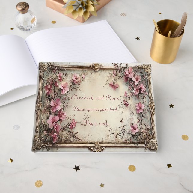 Hübsche rosa Wasserfarben Blumen elegante Gold Rah Gästebuch (Vorderseite Offen)