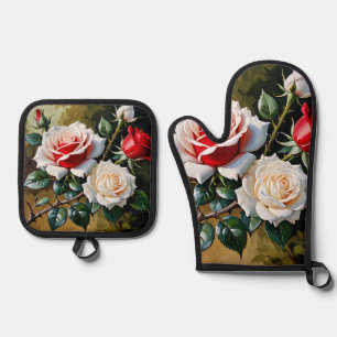 Hübsche rosa weiße rote Rosen Ölmalerei Ofenhandschuh & Topflappen-Set