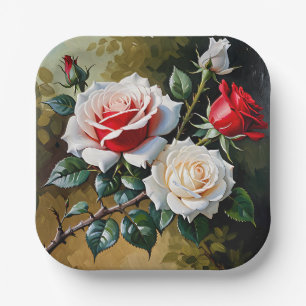 Hübsche rosa weiße rote Rosen Ölmalerei Pappteller