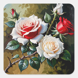 Hübsche rosa weiße rote Rosen Ölmalerei Quadratischer Aufkleber
