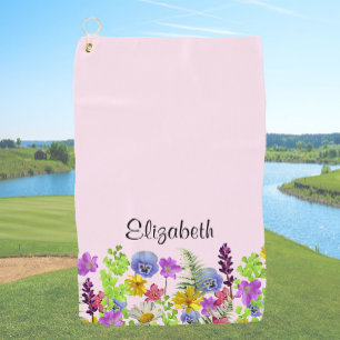 Hübsche rosa Wildblumen mit individuelle Name Frau Golfhandtuch