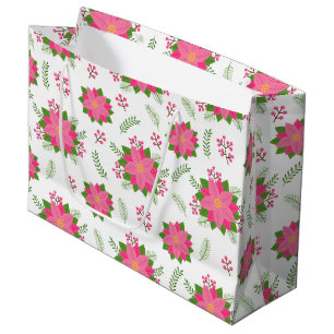 Hübsche rosa Winter-Weihnachtsstern auf weißem Mus Große Geschenktüte