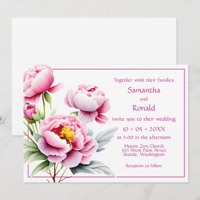 Hübsche rosa Zinnspitzen auf weißer Hochzeit Einladung (Vorne/Hinten)