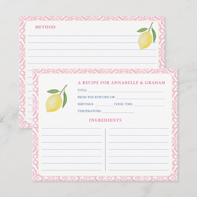 Hübsche Rosa Zitronen Brautparty Rezept Karte (Vorne/Hinten)