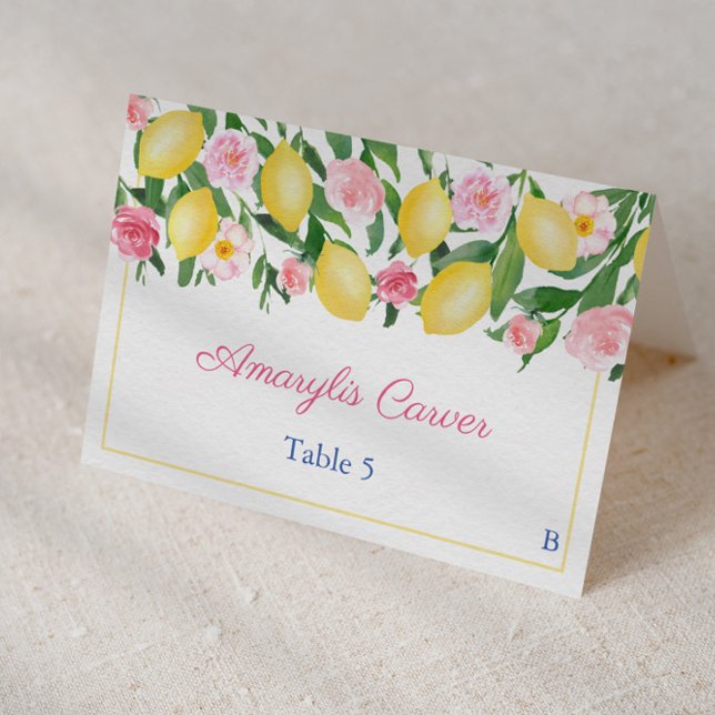 Hübsche rosa Zitronen Speisen Auswahl Hochzeitsfei Tischnummer (Lemons with pretty pink flowers bridal shower or wedding individual place card design)