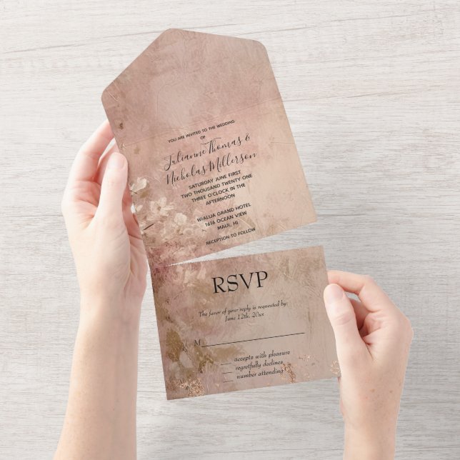Hübsche Rose Gold Paint Floral All In One Einladung (Abreißen)