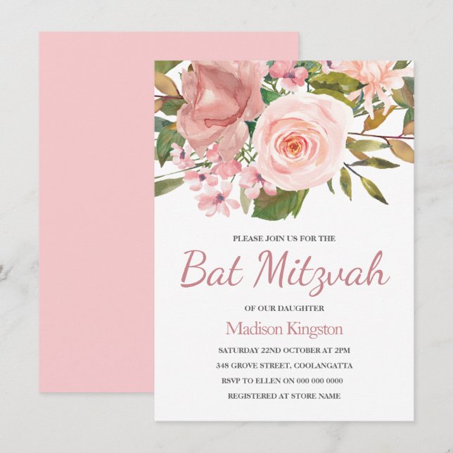 Hübsche Rose Gold Pink Blume Bat Mitzvah Einladung (Vorne/Hinten)