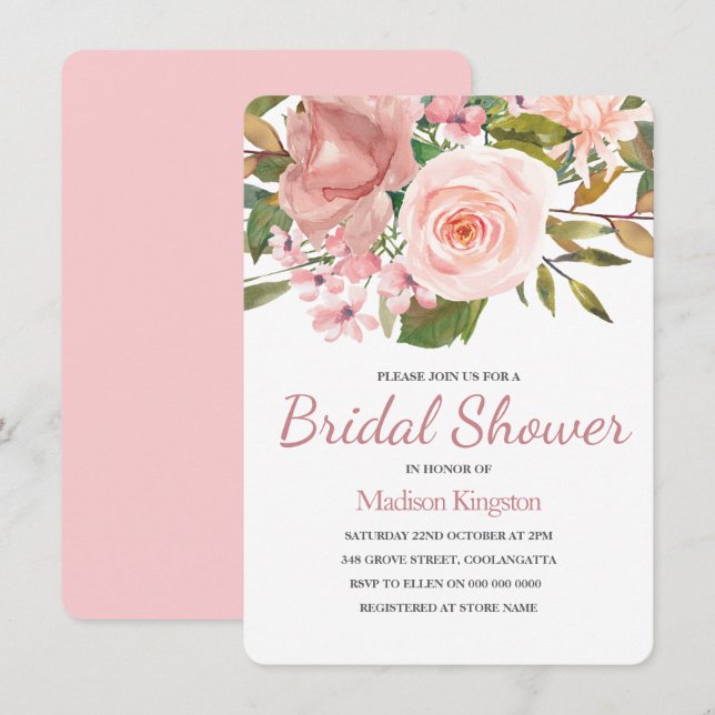Hübsche Rose Gold Pink Blume Brautparty Einladung (Vorne/Hinten)