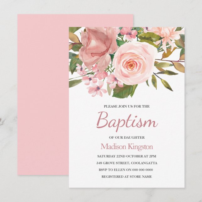 Hübsche Rose Gold Pink Blume Taufe einladen Einladung (Vorne/Hinten)